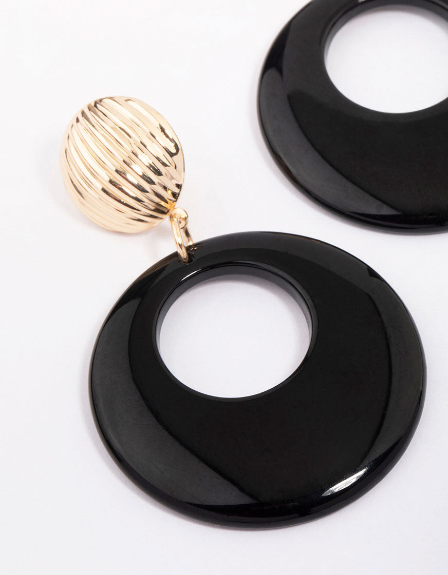 Stylish Gold and Black Circular Ribbed Drop Earrings for Fashionable Women